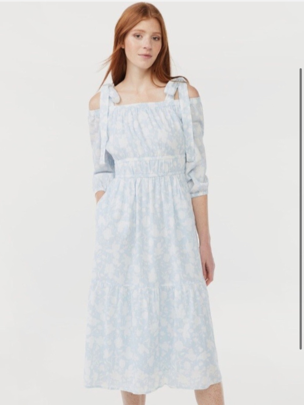 Light Blue Floral Tie-Shoulder Midi Dress